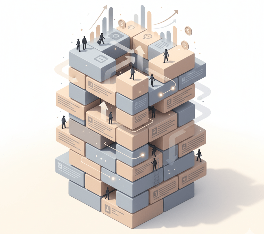 Illustration demonstrating how strong internal linking increases page RPM over time through more pages per session